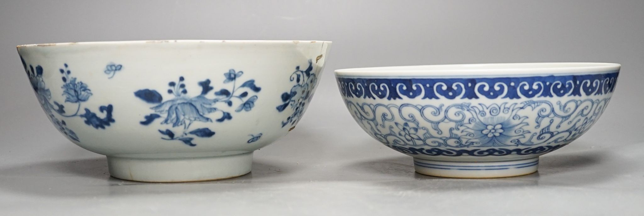 Two Chinese blue and white bowls, one a.f. 23cm